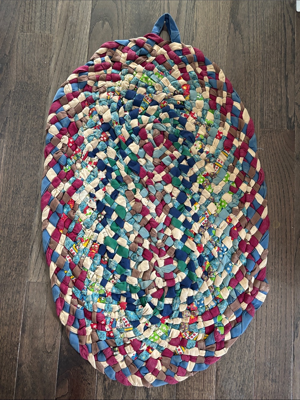 Vintage fabric woven rug, scrap fabric, colorful, cotton, oval, 20x30.5”